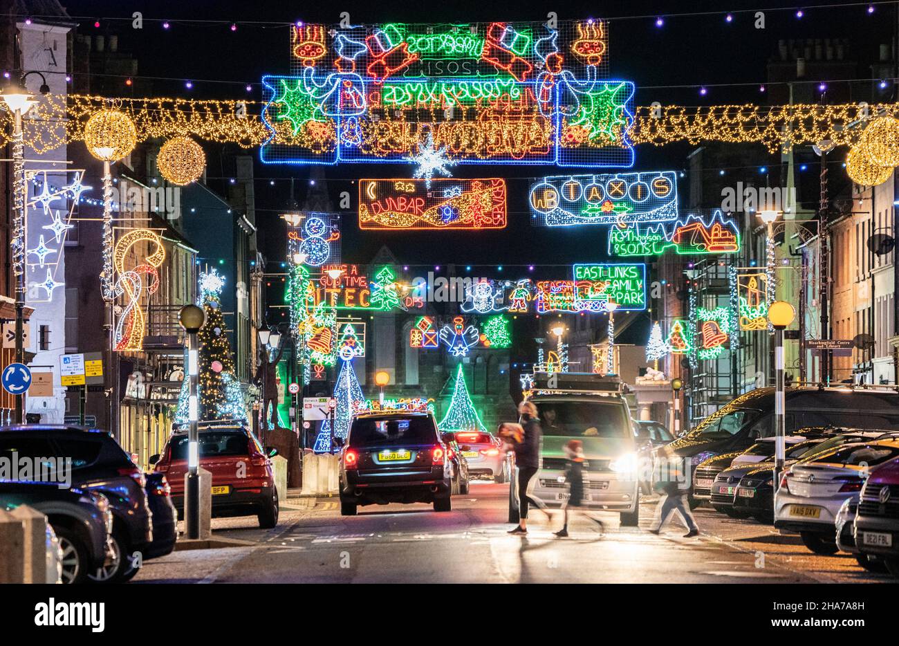 Christmas lights along the High Street in Dunbar, East Lothian. Picture