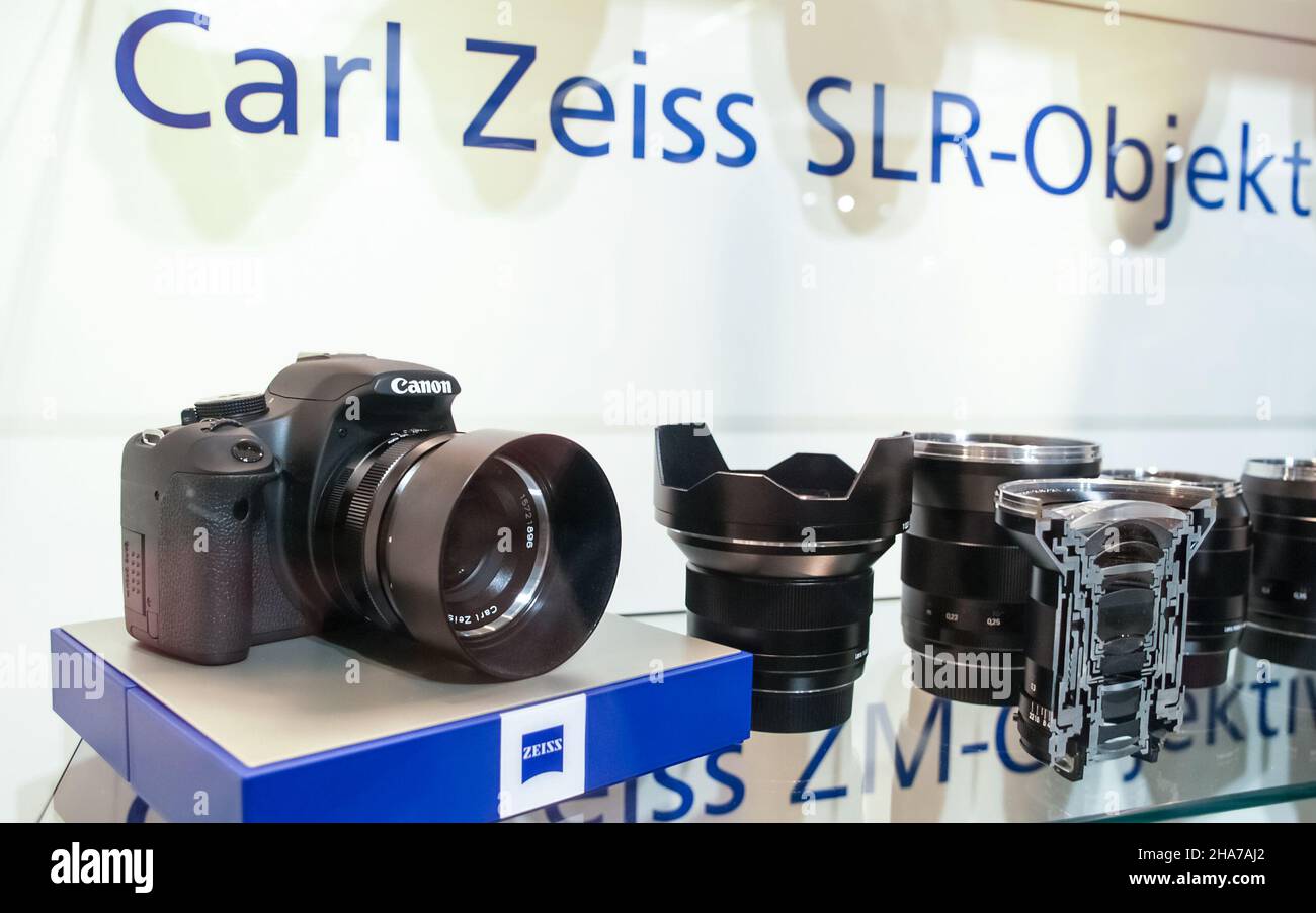 Cologne, Germany, September 2010. Zeiss lens attached to Canon DSLR digital camera at the Photokina trade fair for the photographic and imaging industry Stock Photo