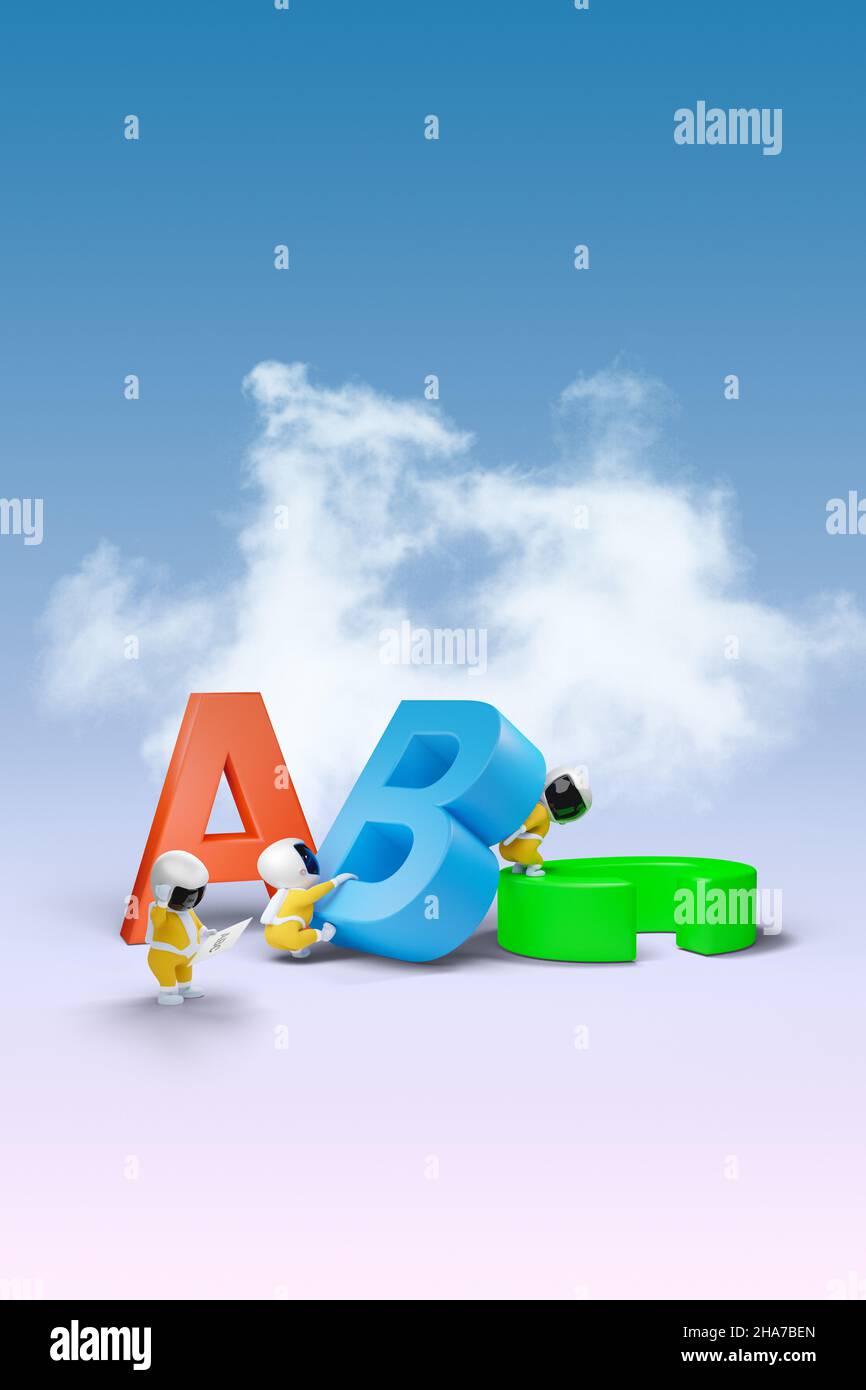 Little spacemen lifting colorful ABC alphabets. Concept of teamwork, building as a team, learning to write, learning new skills, education. 3D renderi Stock Photo