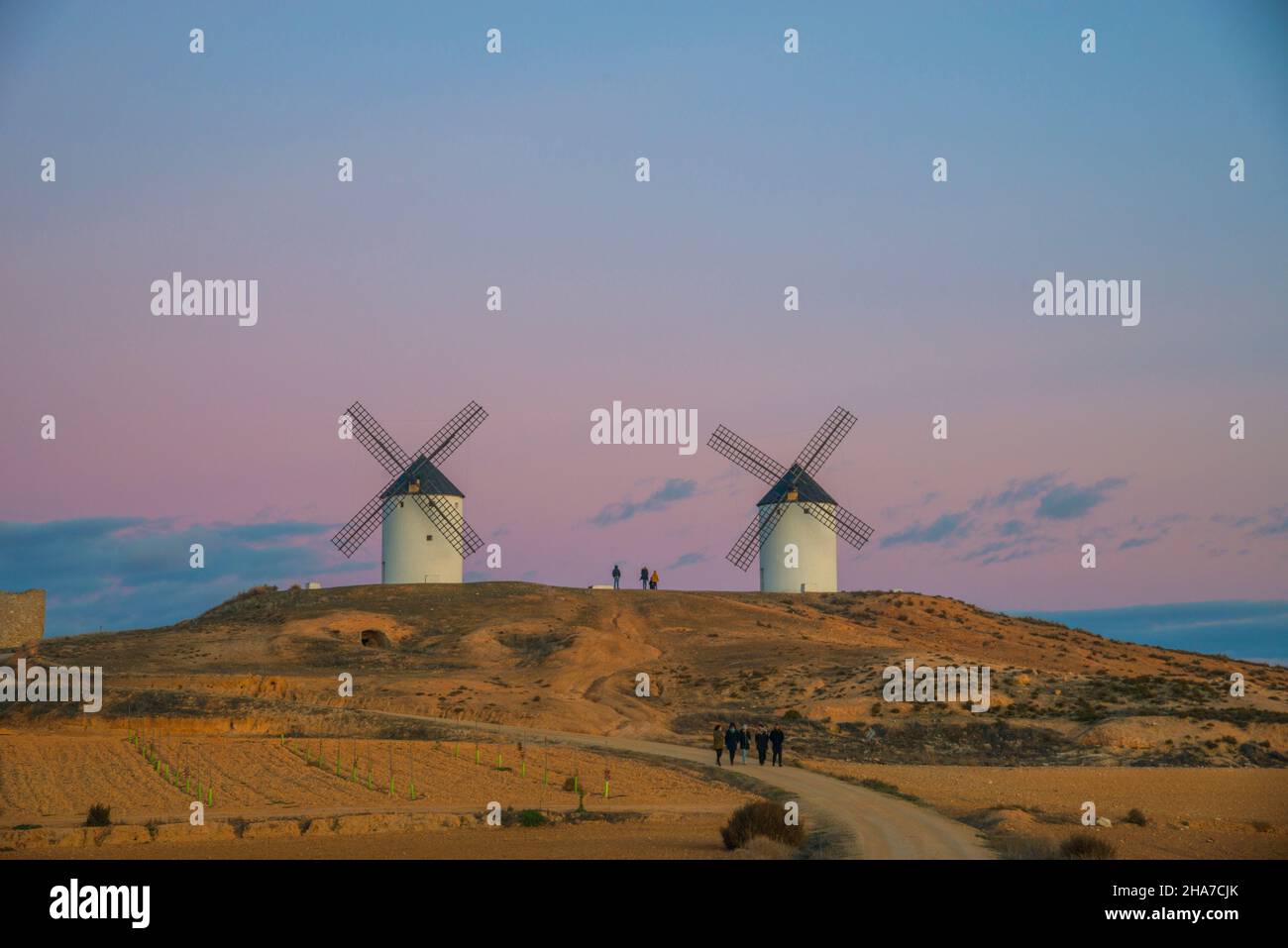 Windmills at nightfall. Tembleque, Toledo province, Castilla La Mancha, Spain. Stock Photo