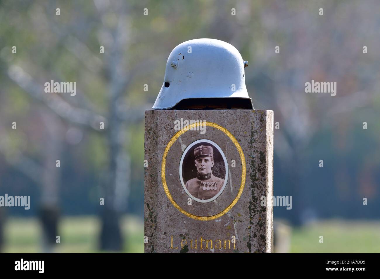 Vienna, Austria. The Vienna Central Cemetery. Military cemetery at the central cemetery . Soldier helmet on a grave site Stock Photo