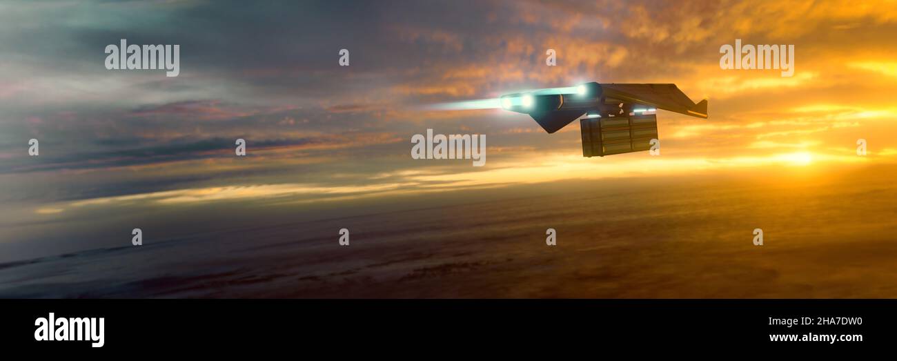 3D illustration of a science fiction transporter at sunset mood Stock Photo