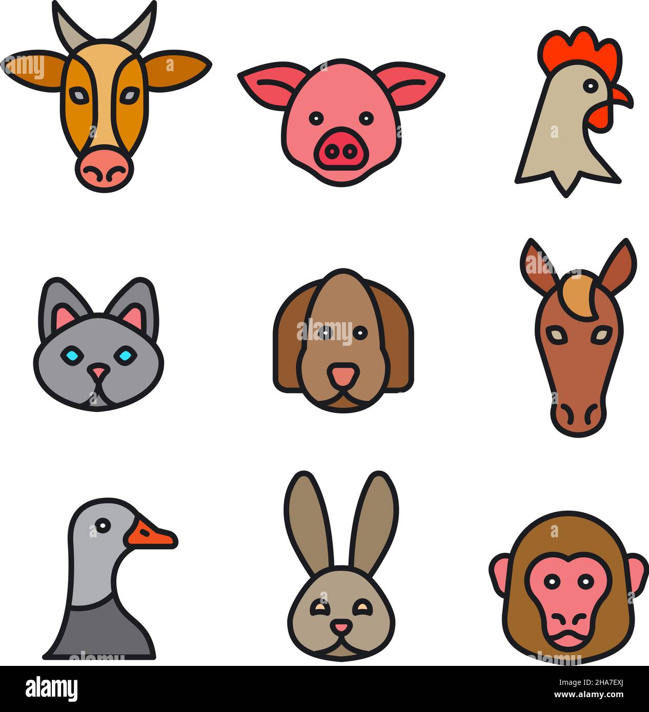 illustration of the farm animals black and white outline colorful icons ...