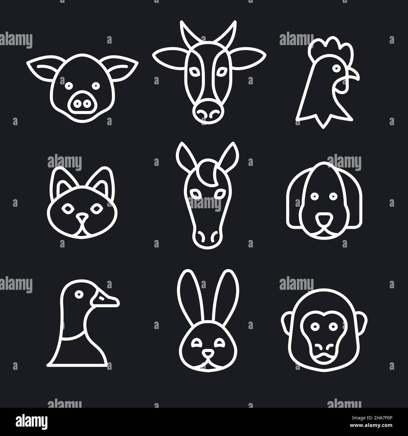farm animals black and white outline icons illustration Stock Vector