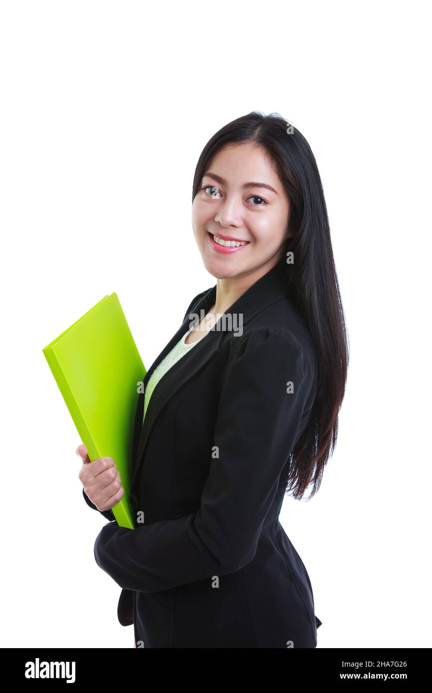 Portrait of asian girl looking at camera, isolated on white background. Successful businesswoman looking confident and tooth smile. Positive human emo Stock Photo