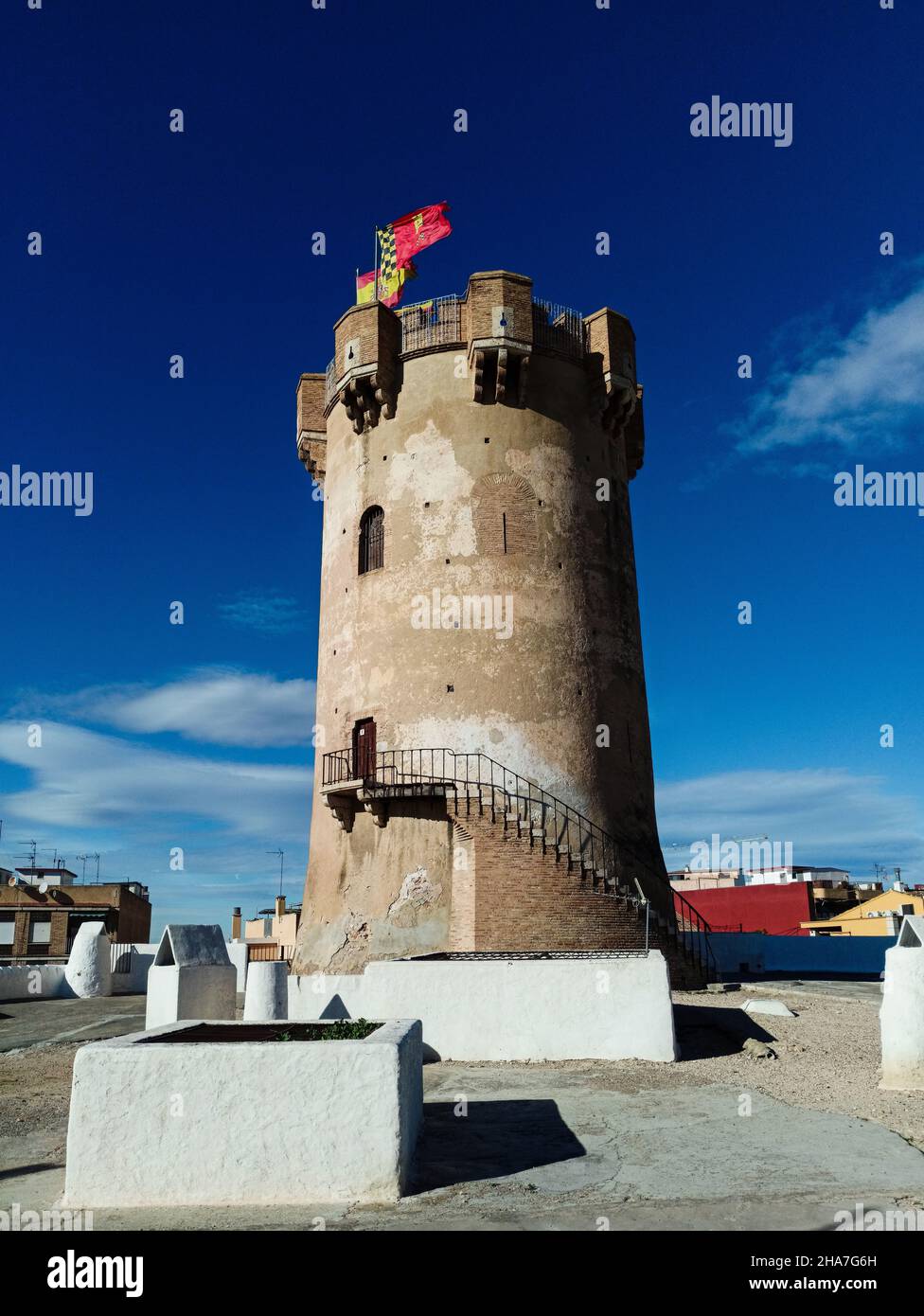 View of the Paterna tower and the cave houses. Valencian Community Stock Photo