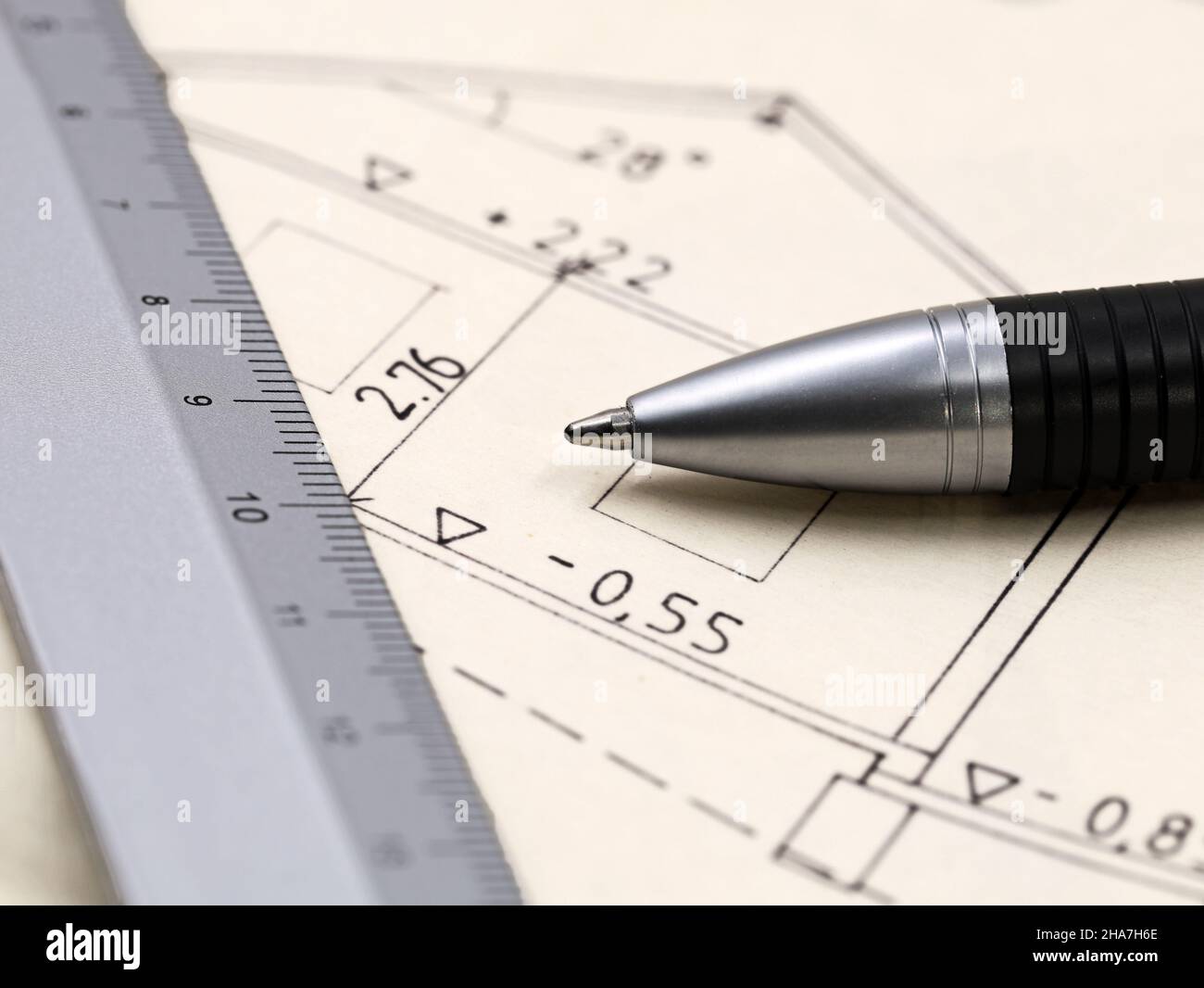 architecture plan of a house with pen and ruler, close up Stock Photo