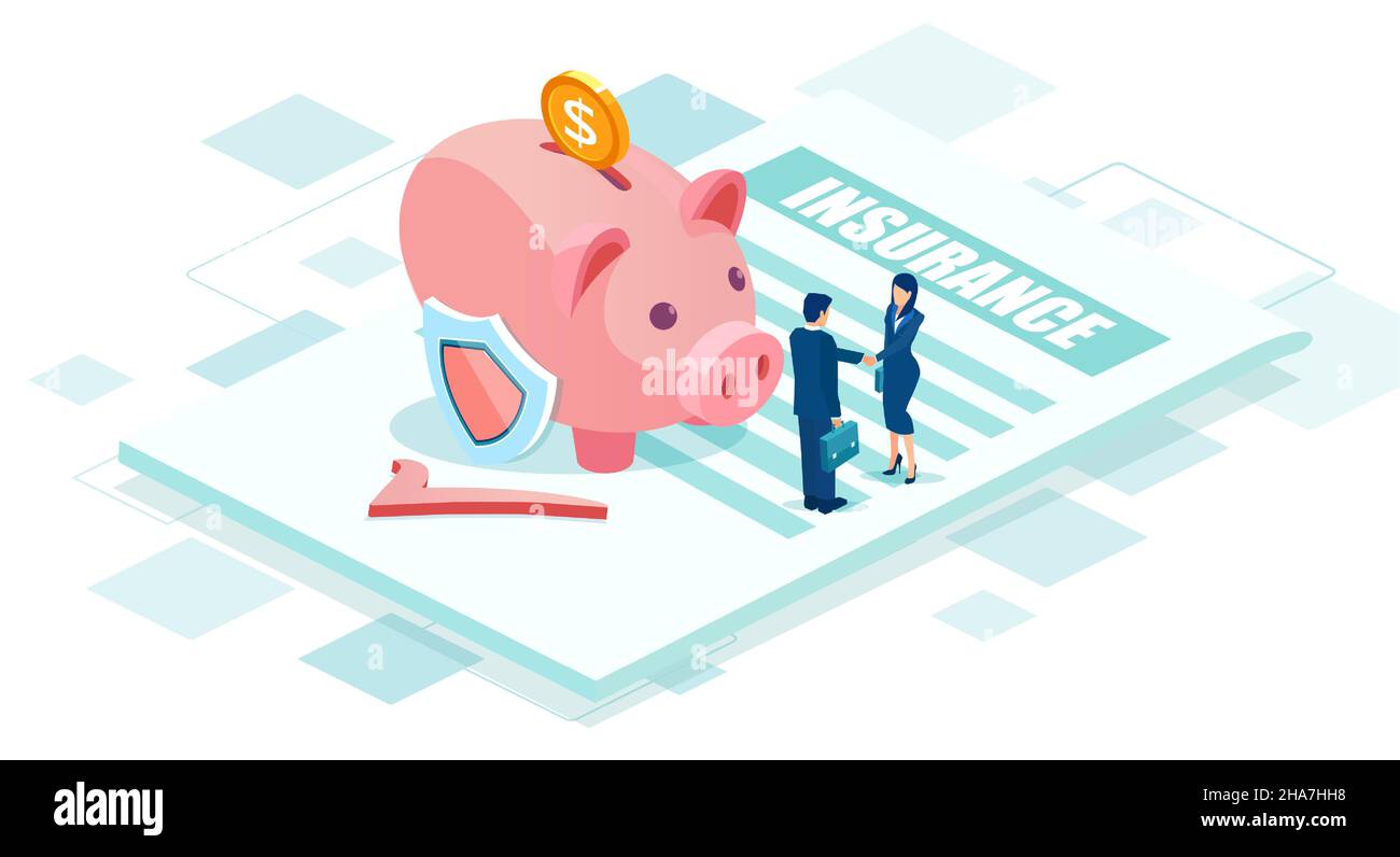 Financial savings and insurance concept. Vector of business people handshaking signing a contract agreement Stock Vector