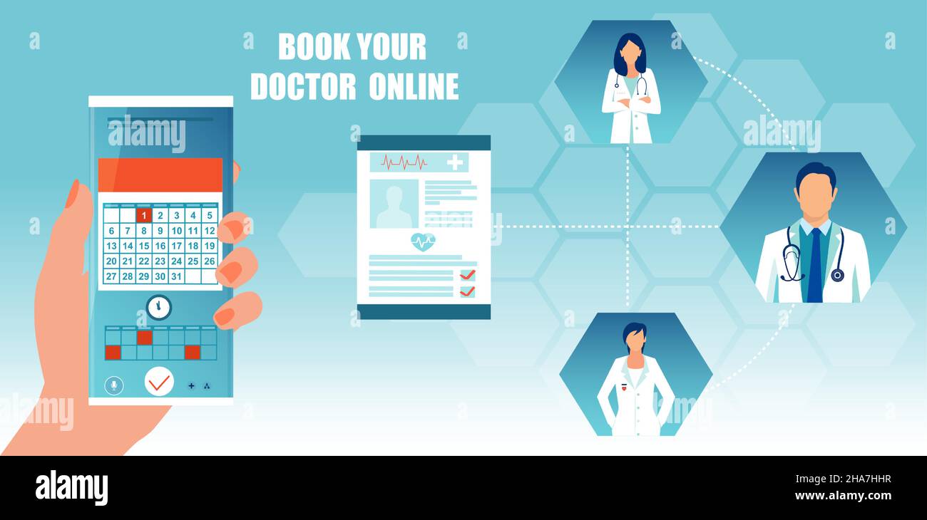 Vector of a patient booking his appointment with a doctor via mobile app. Healthcare and technology concept Stock Vector