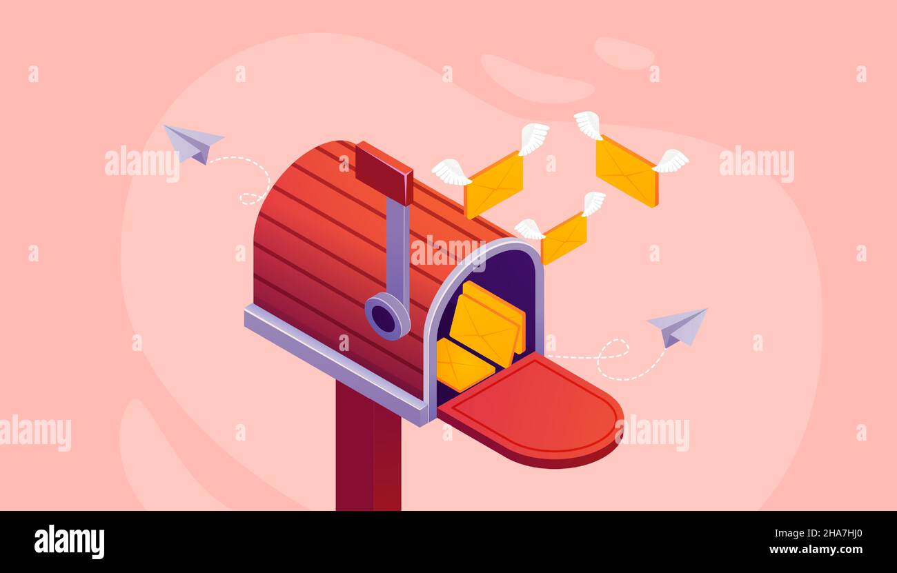 Vector of a mailbox with flying envelopes, mail delivery, and newsletter concept. Stock Vector
