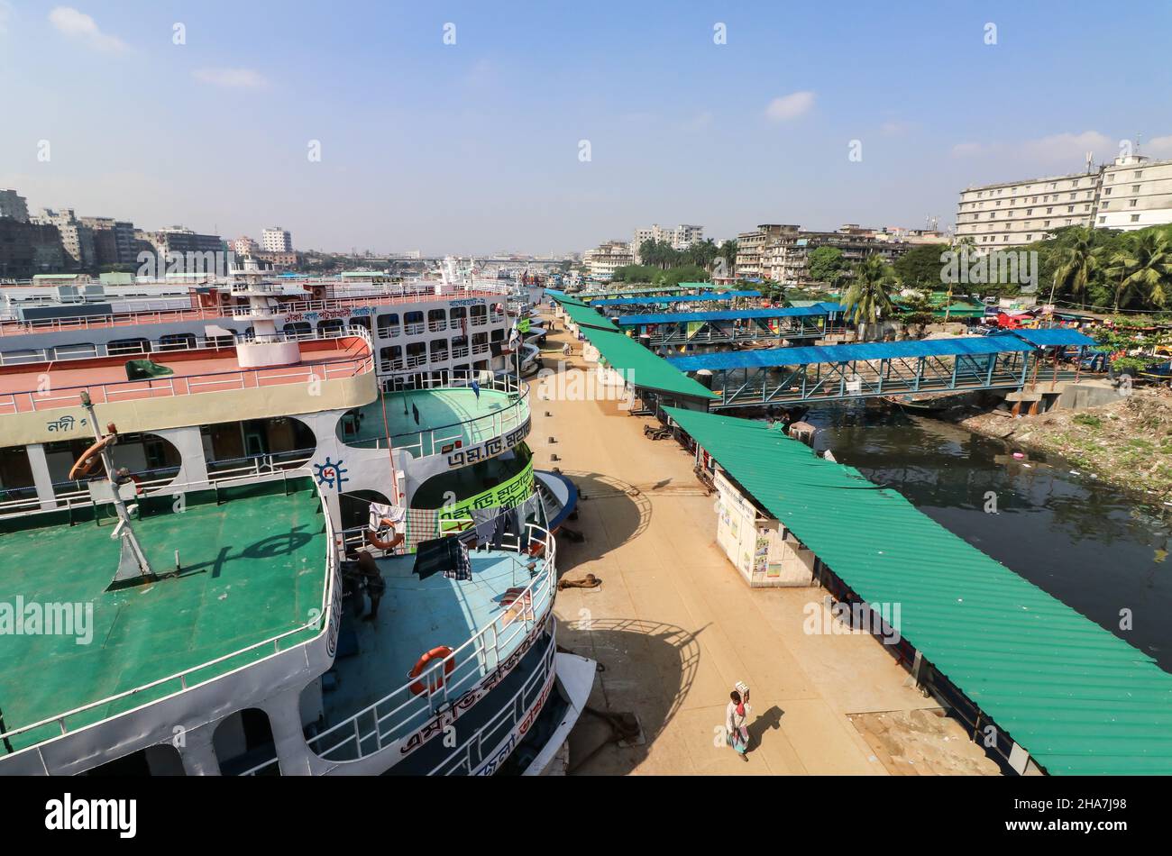 Sadarghat is situated on the banks of the Buriganga river. It is known as the largest and busiest river port in Bangladesh Stock Photo