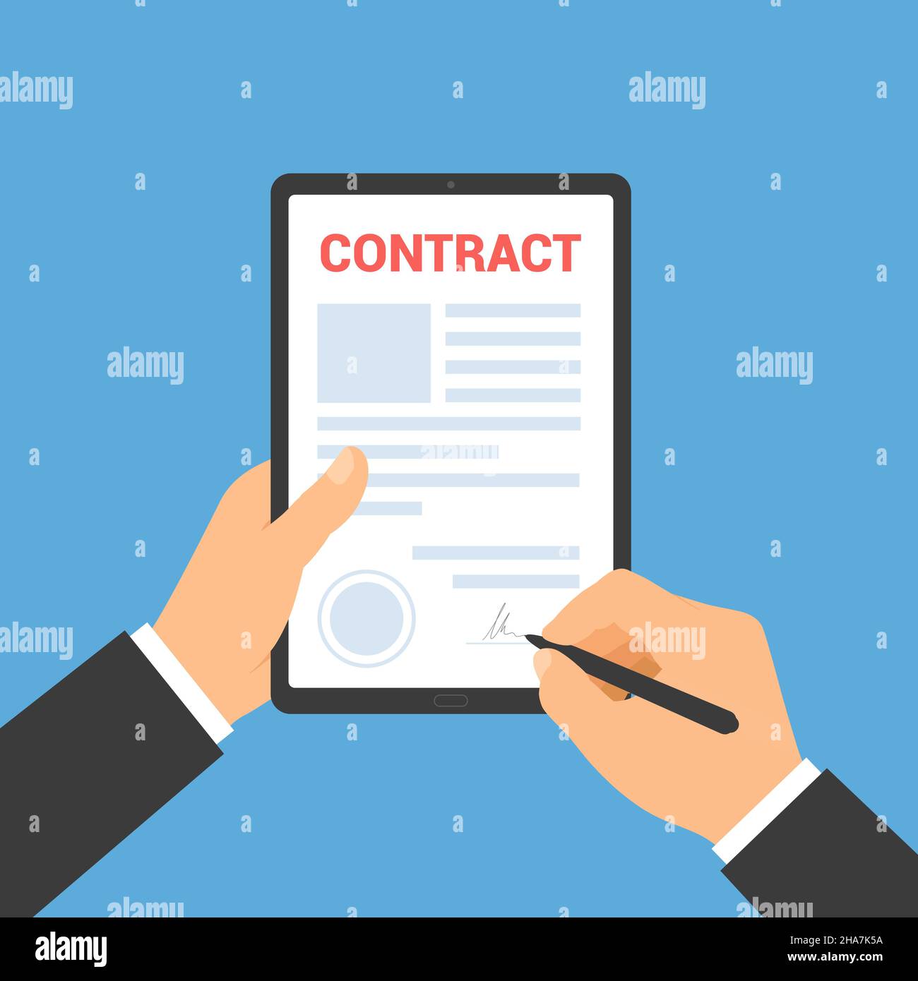 Flat design illustration of a hand of a manager or clerk holding a touch screen tablet. Pen signs a business contract on a blue background - vector Stock Vector