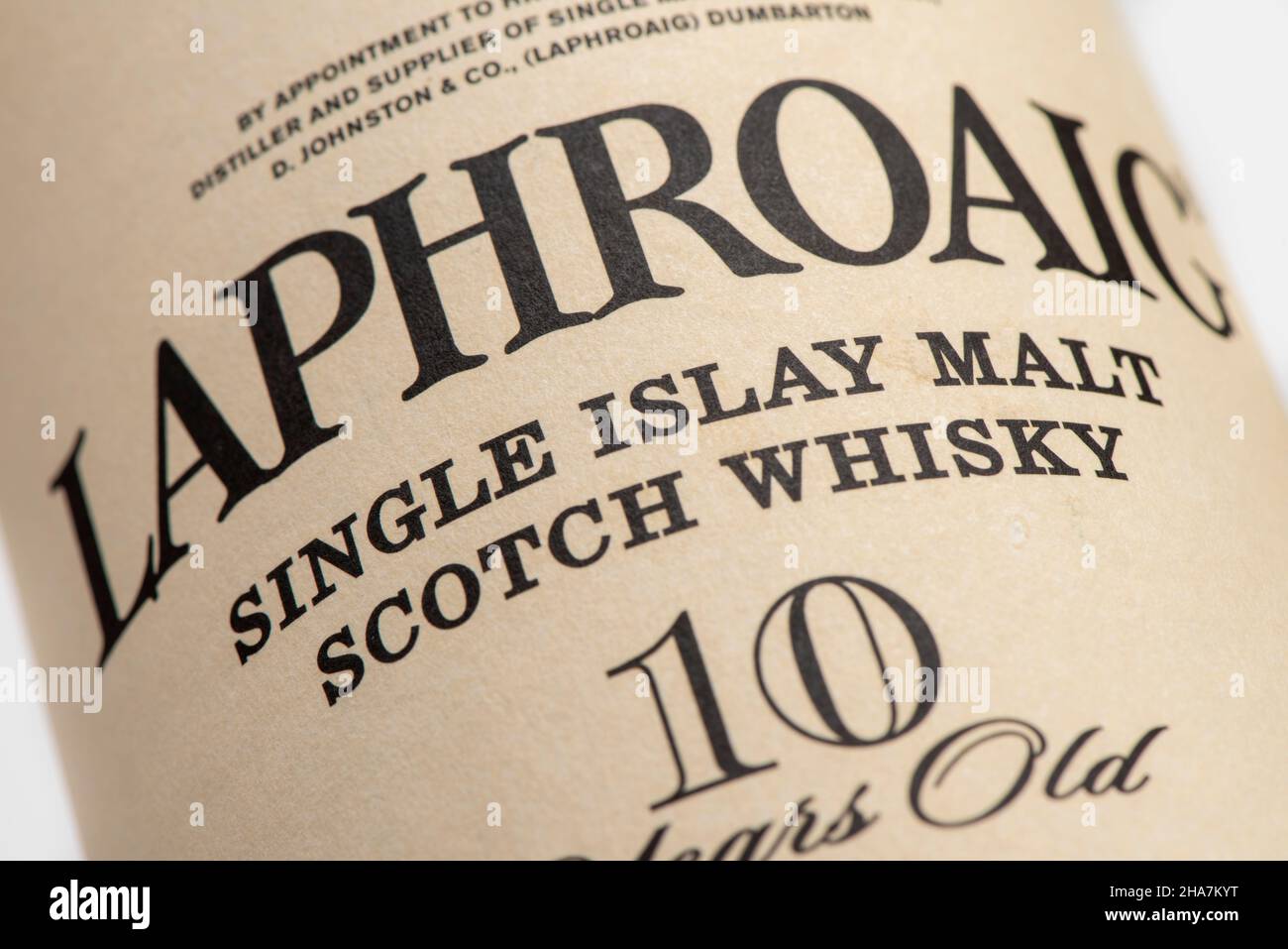 EDINBURGH, SCOTLAND - DECEMBER 10, 2021: box of Laphroaig single Islay malt scotch whisky Stock Photo