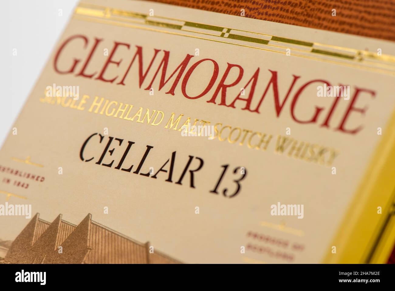 EDINBURGH, SCOTLAND - DECEMBER 10, 2021: box of GLENMORANGIE CELLAR 13 single malt scotch whisky Stock Photo