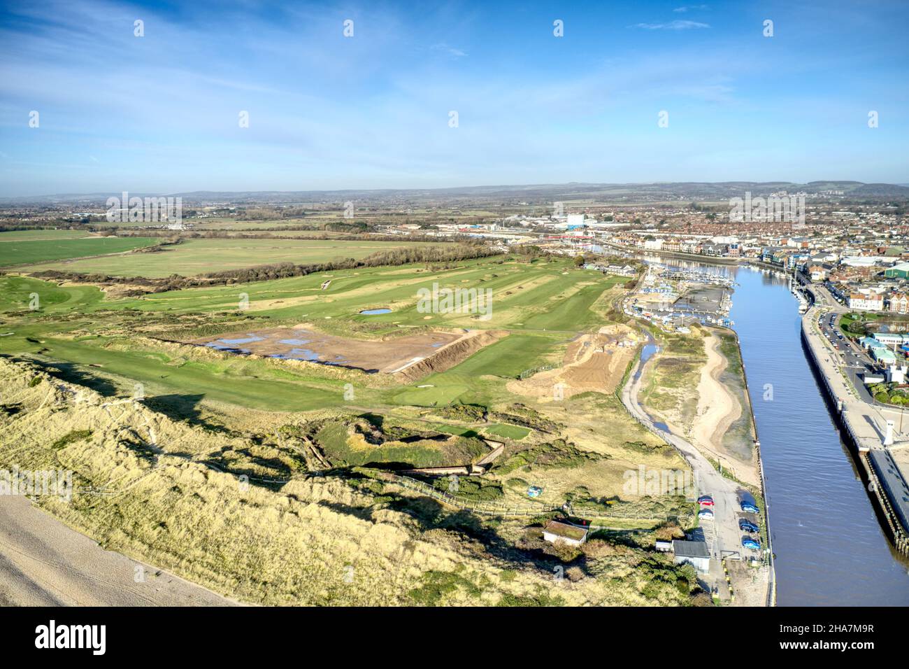 Aerial view over Littlehampton beach and the sand dunes that protect ...