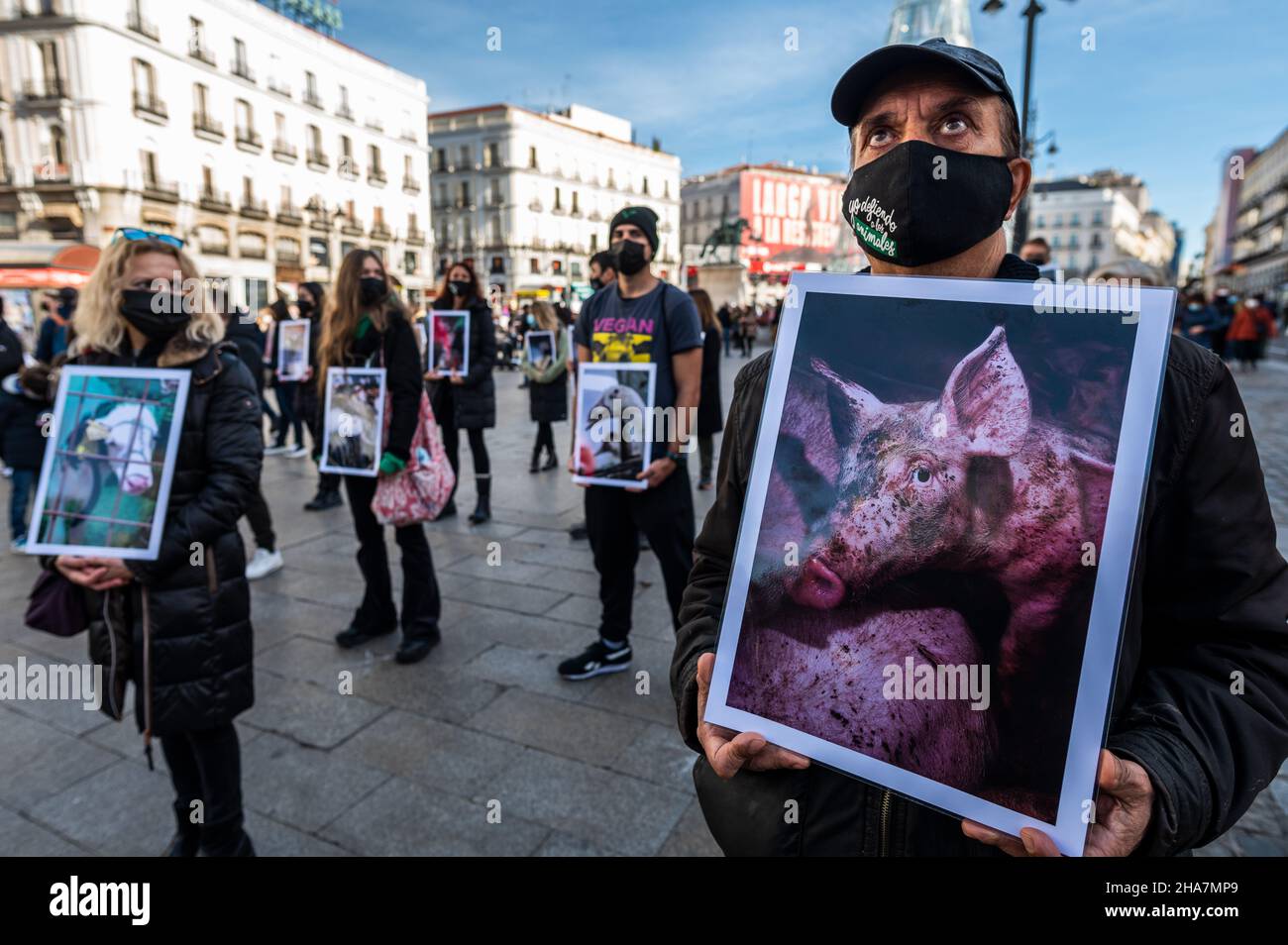 Madrid, Spain. 11th Dec, 2021. Animal rights activists carrying pictures of animals in farms protesting against animal abuse called by 'Animal Equality' (Igualdad Animal) group, denouncing the impact of industrial livestock on the planet. Credit: Marcos del Mazo/Alamy Live News Stock Photo