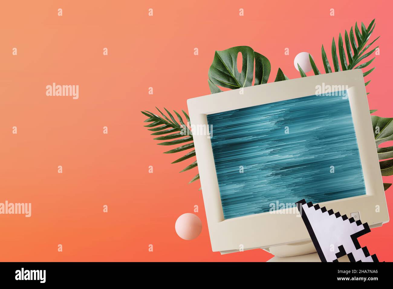 Collage nostalgia surreal graphic retro computer pixel mouse cursor and glitch on screen with tropical palm leaves. Vaporwave of 90s aesthetics. Stock Photo
