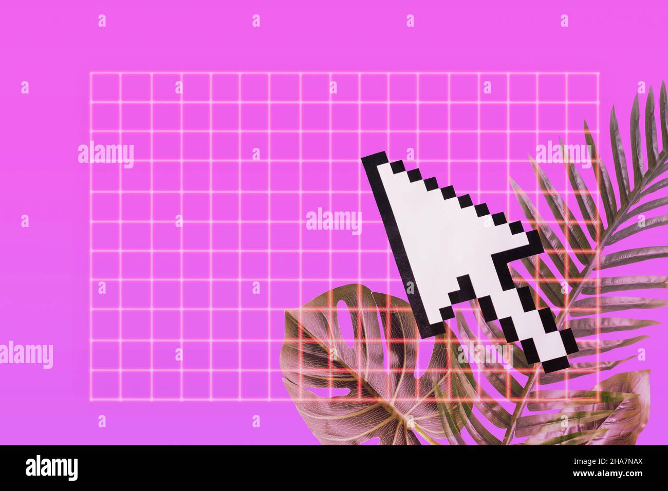 Retro-style collage with mouse cursor of computer monitor with neon palm grid. Concept of steam vaporwave in purple. Stock Photo