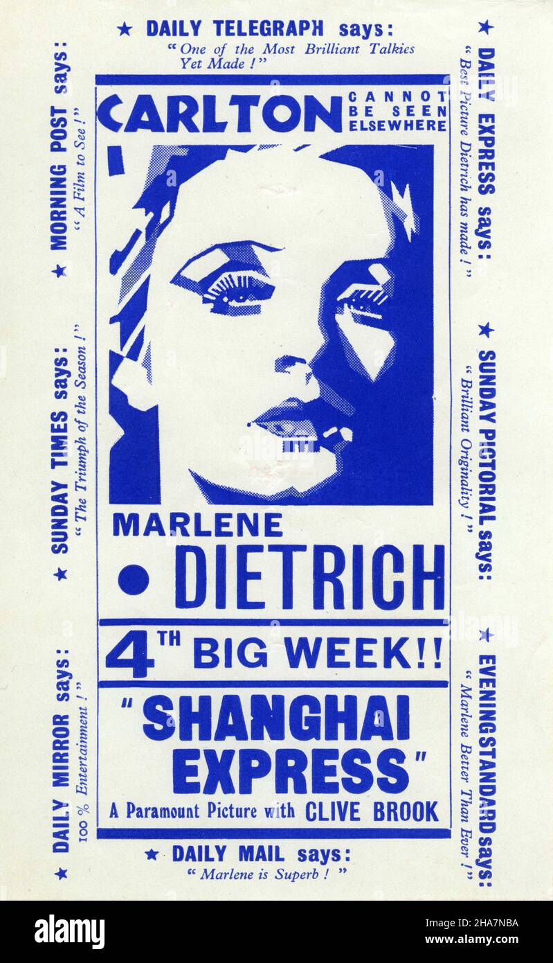 British Flyer for MARLENE DIETRICH in SHANGHAI EXPRESS 1932 director JOSEF von STERNBERG Paramount Pictures Stock Photo