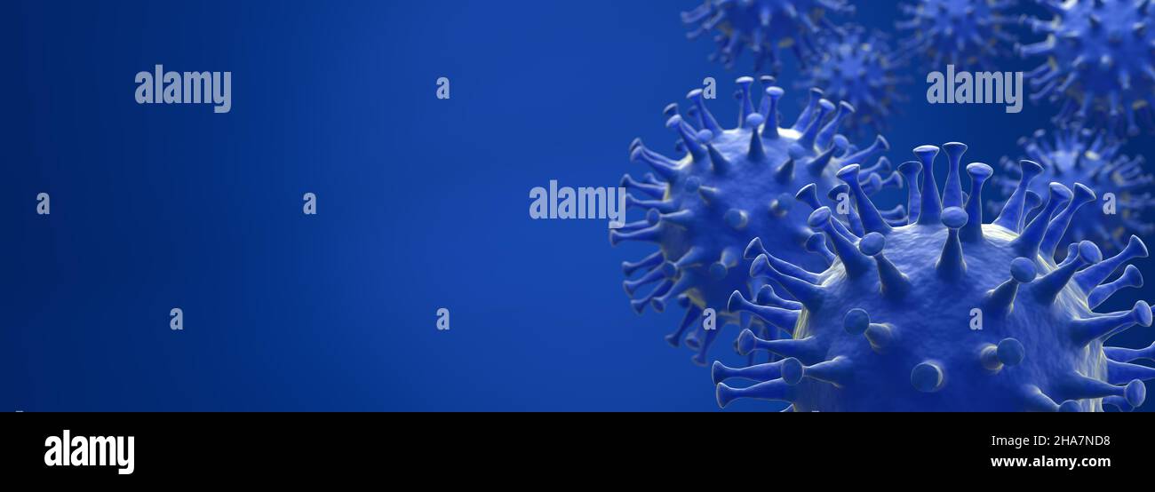 3D render: Corona virus - Schematic image of viruses of the Corona family in blue color. Selective focus - web banner format with copy space Stock Photo