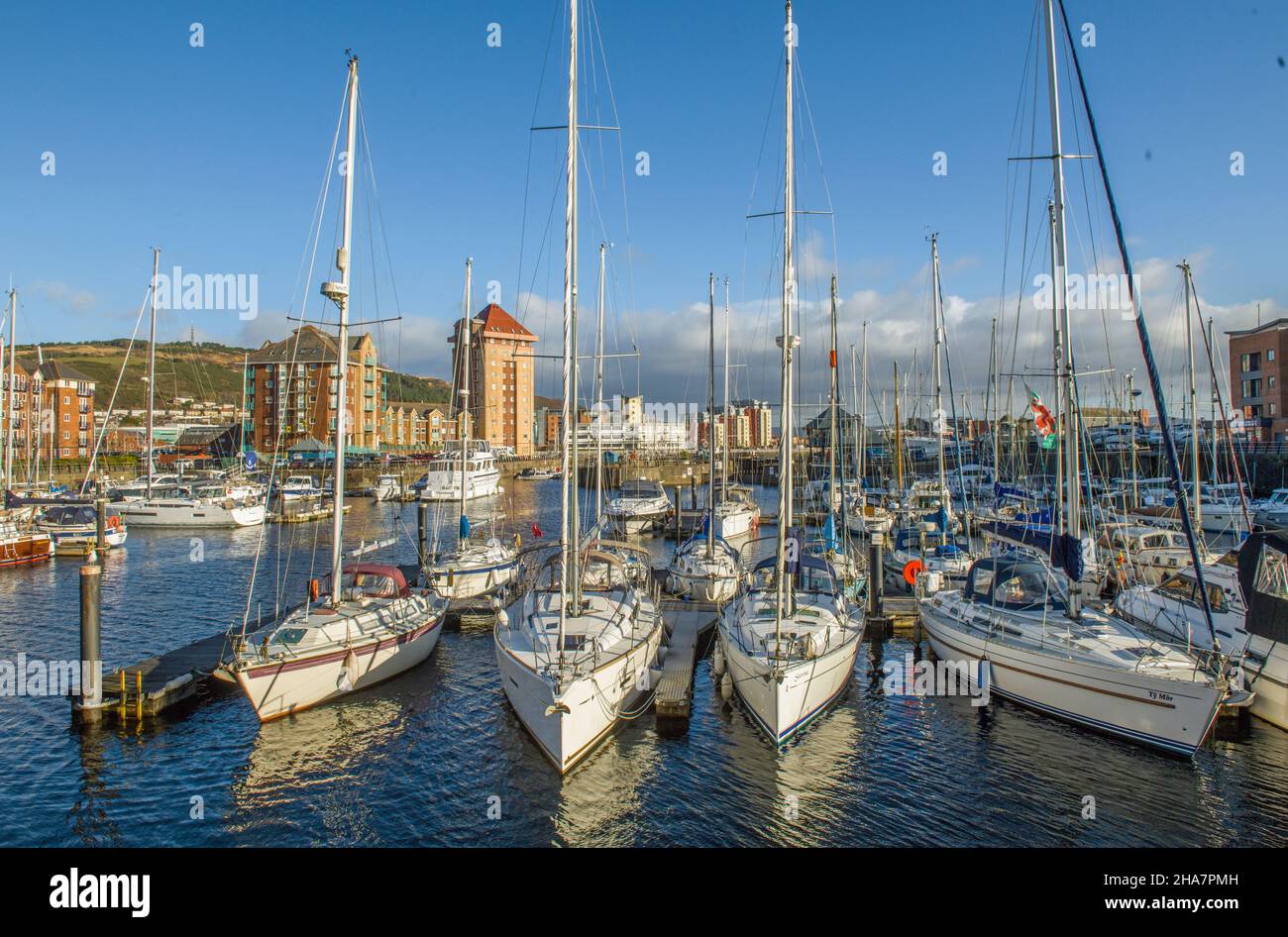 Swansea Marina on a cold but sunny day, with apartments also clearly in view. Stock Photo