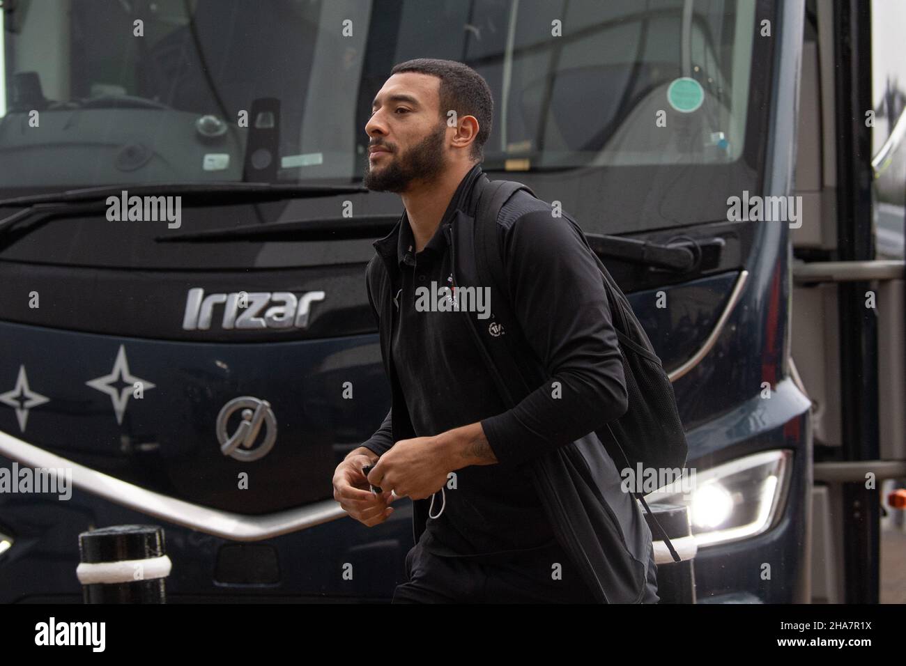 Keshi Anderson 10 of Blackpool arrives at Pride Park Stadium Stock