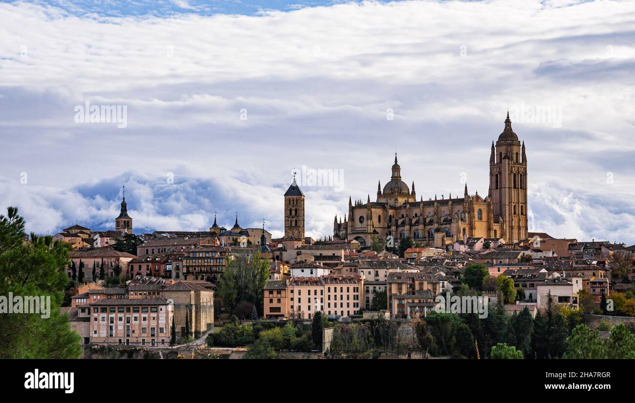 Cityscape of the city of Segovia with the Holy Cathedral Church of Our Lady of the Assumption and of San Frutos. Stock Photo