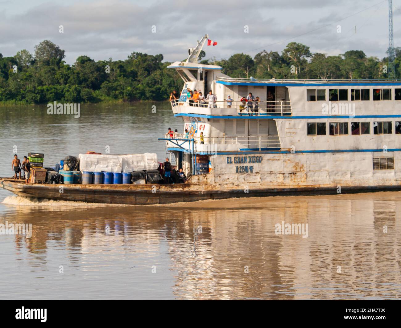 Amazon River, Peru - Dec 12, 2017: Cargo boat in the middle of Amazon river, Amazonia, South America Stock Photo