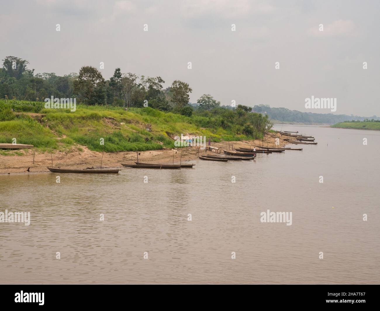 Pebas, Peru- Sep,  2017:Traditional, indian  boats on the bank of the Amazon river. Amazonia. South America. Stock Photo