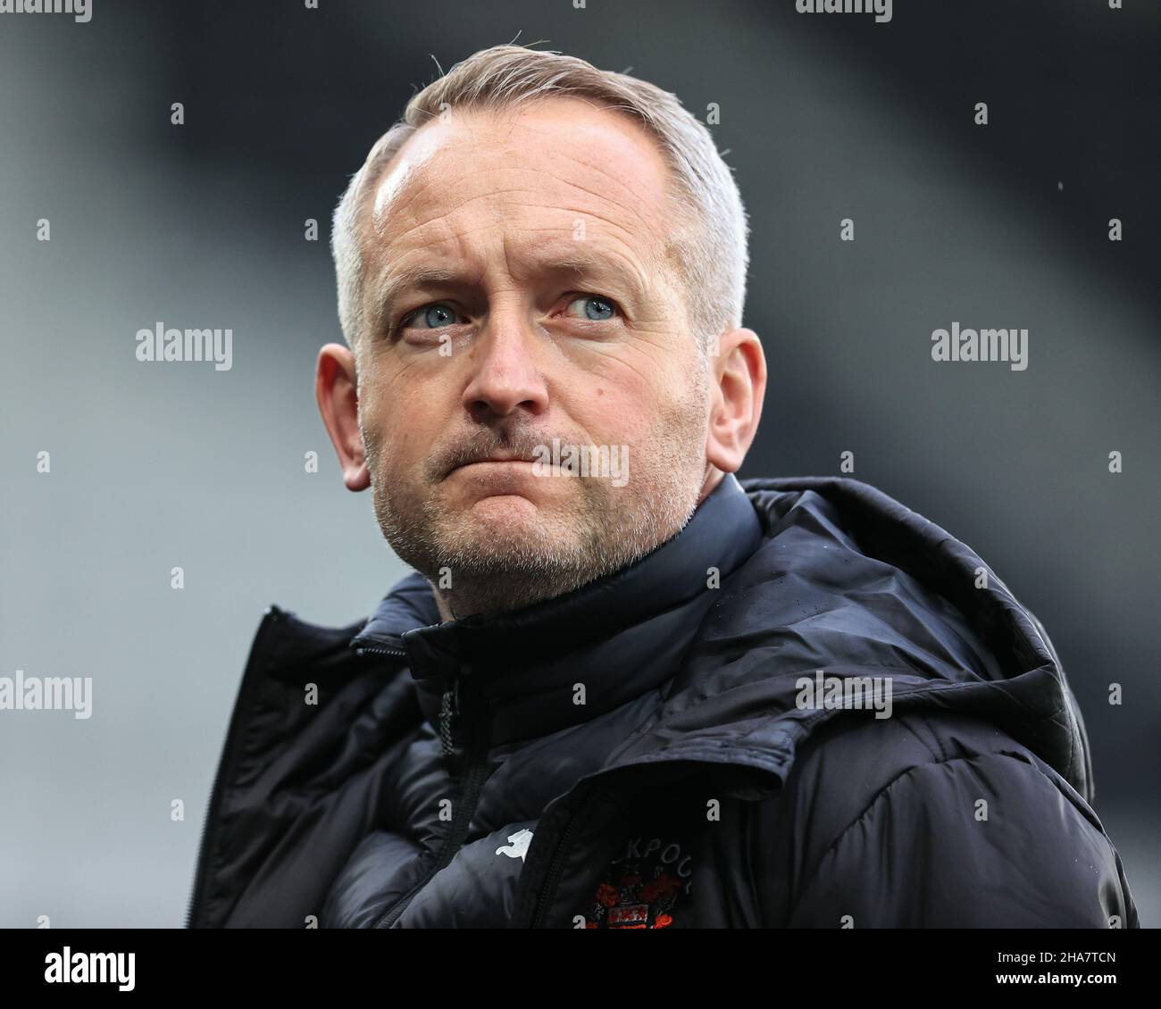 Neil Critchley head Coach of Blackpool in the technical area before the