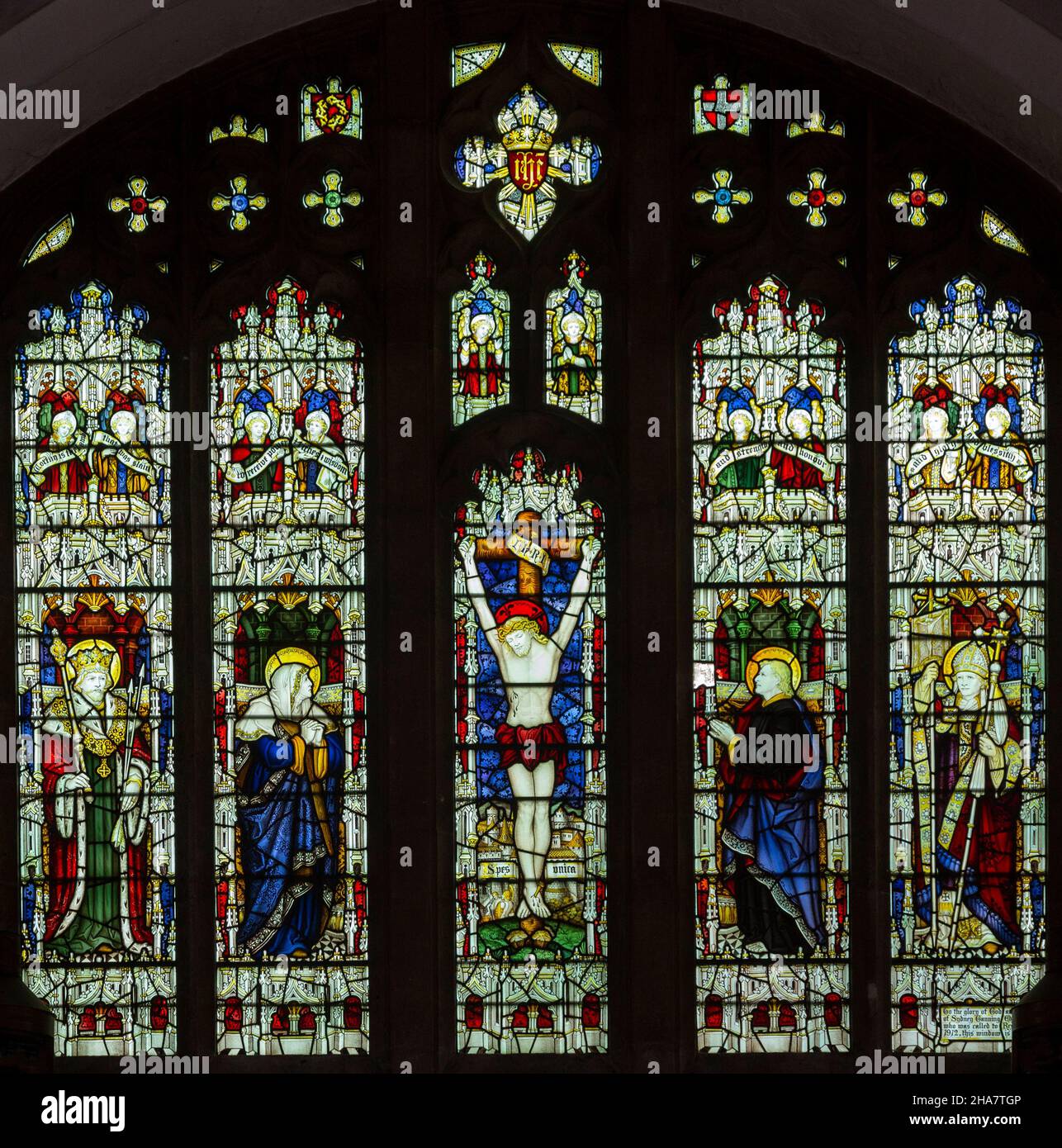 Stained glass east window in Kessingland church, Suffolk, England, UK