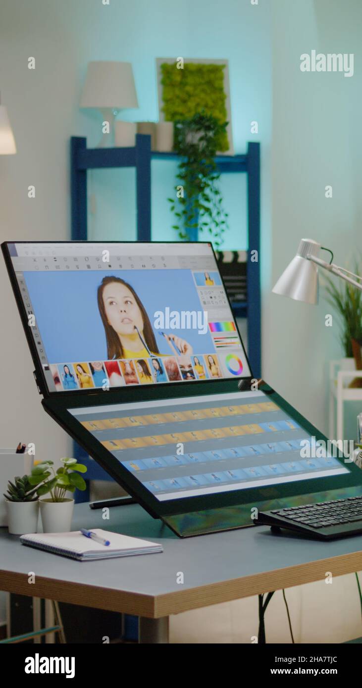 Empty photography studio for retouch work at home with editing software on computer. Nobody in photo retouching space with modern technology and devices for graphic design and edits Stock Photo