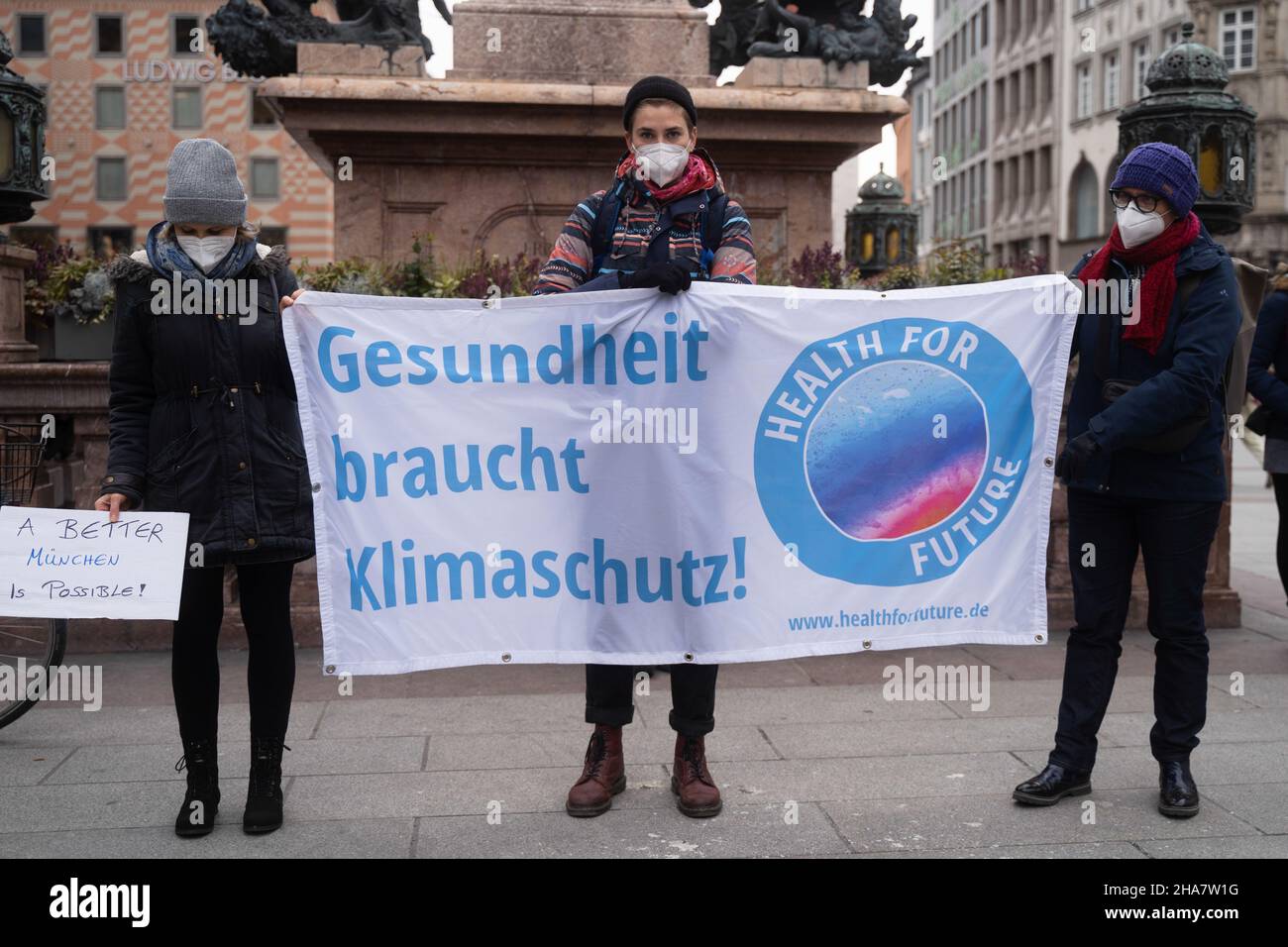 Participants with banner 'Health needs climate protection, Health for Future'.On December 10, 2021, a climate strike organized by FridaysForFuture took place in Munich, as it does every Friday, with more than 150 participants loudly demonstrating for compliance with the 1.5 degree target. The demonstrators also demonstrated that Munich should be climate neutral by 2035. (Photo by Alexander Pohl/Sipa USA) Credit: Sipa USA/Alamy Live News Stock Photo