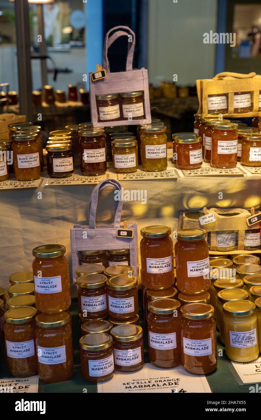 UK, Cumbria, Allerdale, Keswick, Main Street, Thursday market, Country Flavour of Kirkby Stephen local preserves stall Stock Photo