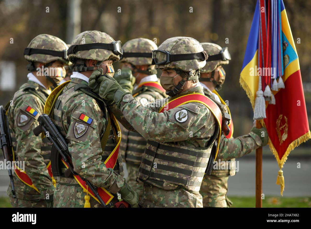 Bucharest, Romania - 1 December, 2021: Romanian army soldiers prepare for the Romanian national day military parade. Stock Photo