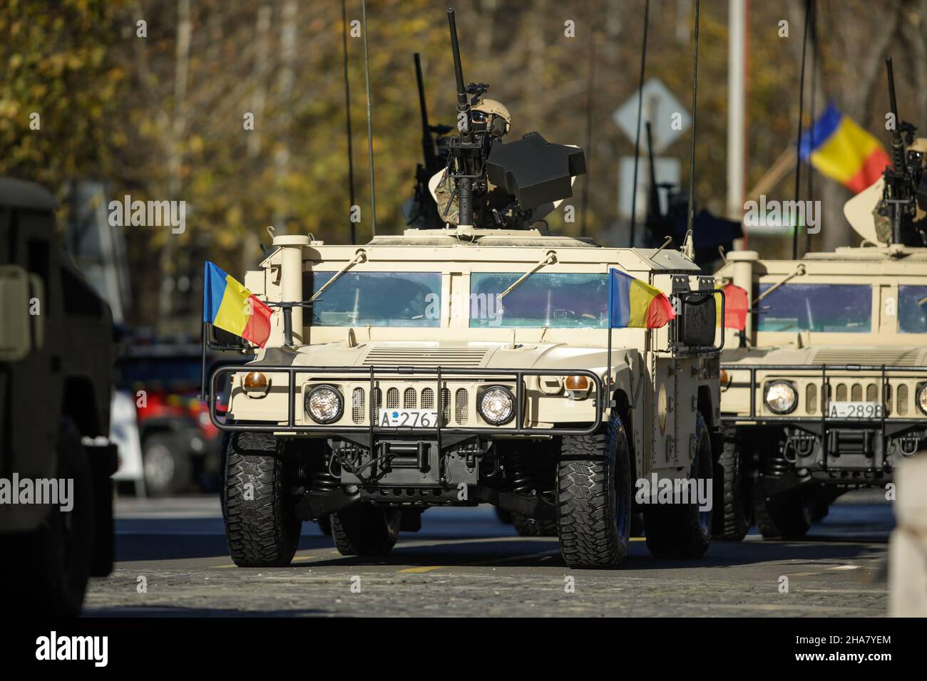 Bucharest, Romania - December 01, 2021: Romanian Army High Mobility Multipurpose Wheeled Vehicle (HMMWV, colloquial Humvee) during the National day mi Stock Photo
