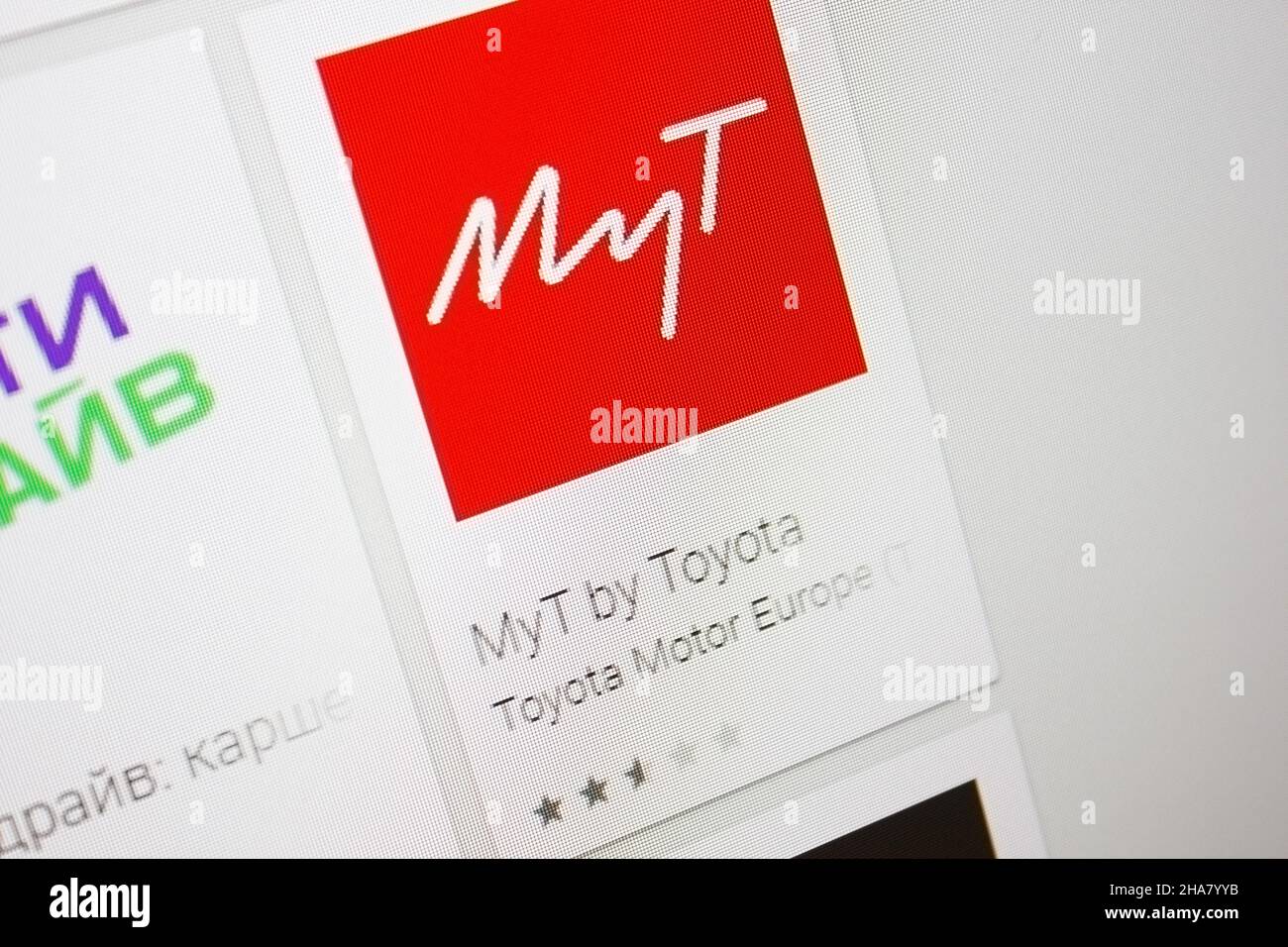 Ivanovsk, Russia - November 28, 2021: MyT by Toyota app on the display of tablet PC. Stock Photo