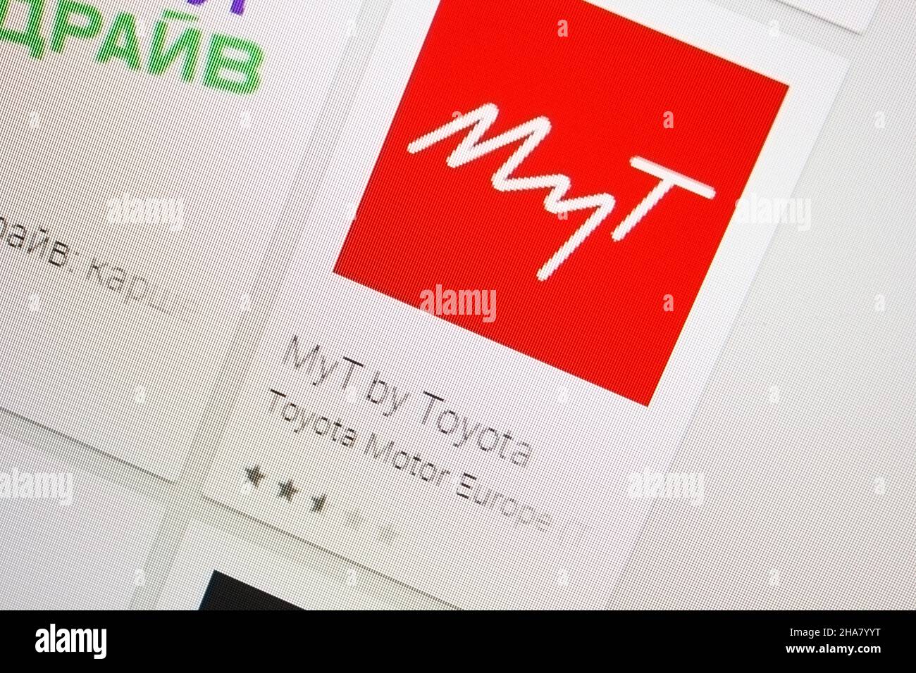 Ivanovsk, Russia - November 28, 2021: MyT by Toyota app on the display of tablet PC. Stock Photo