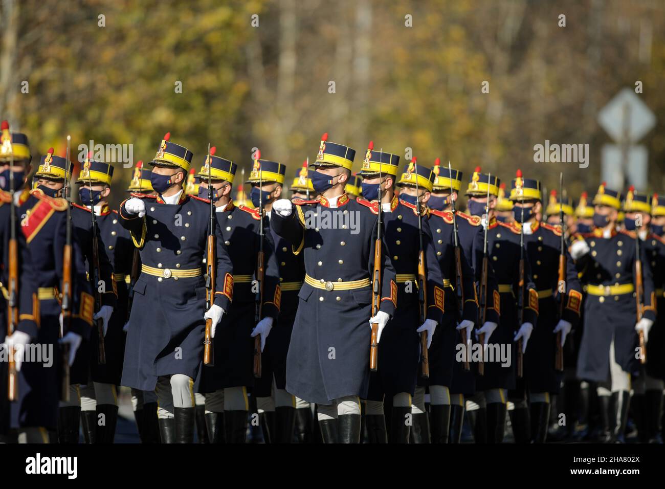 Bucharest, Romania - 1 December, 2021: Michael the Brave 30th Guards Brigade soldiers march during the Romanian national day military parade. Stock Photo