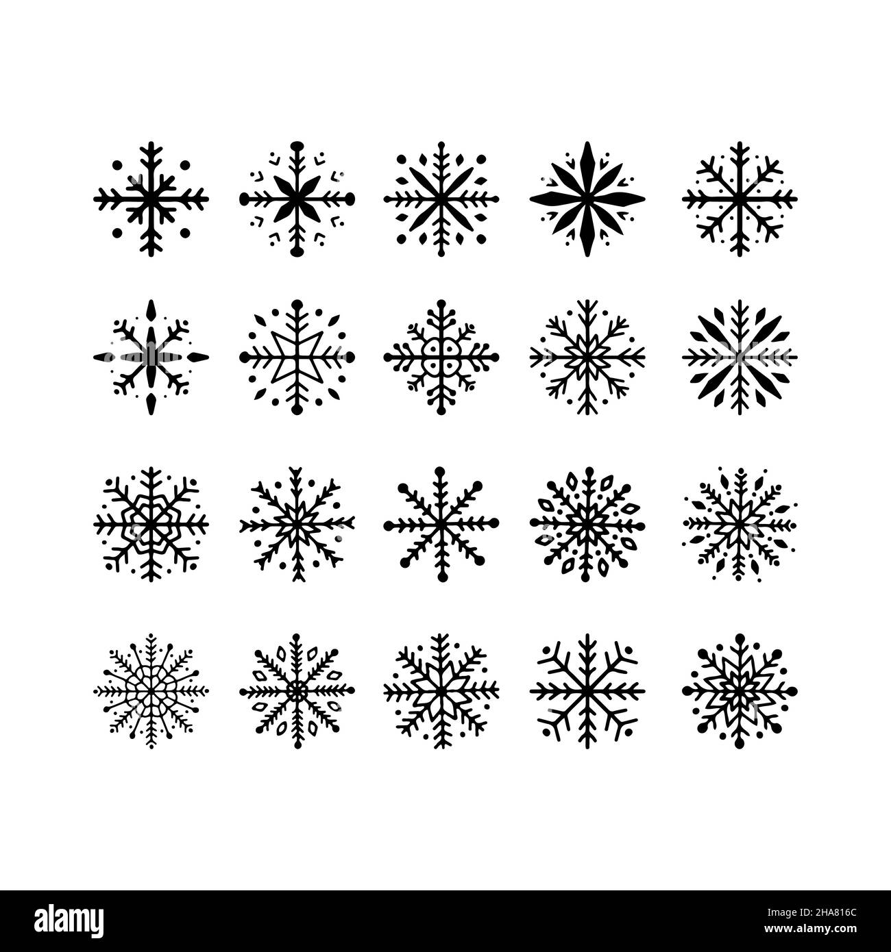 Set of black snowflakes isolated on white. Hand drawn snowflakes ...