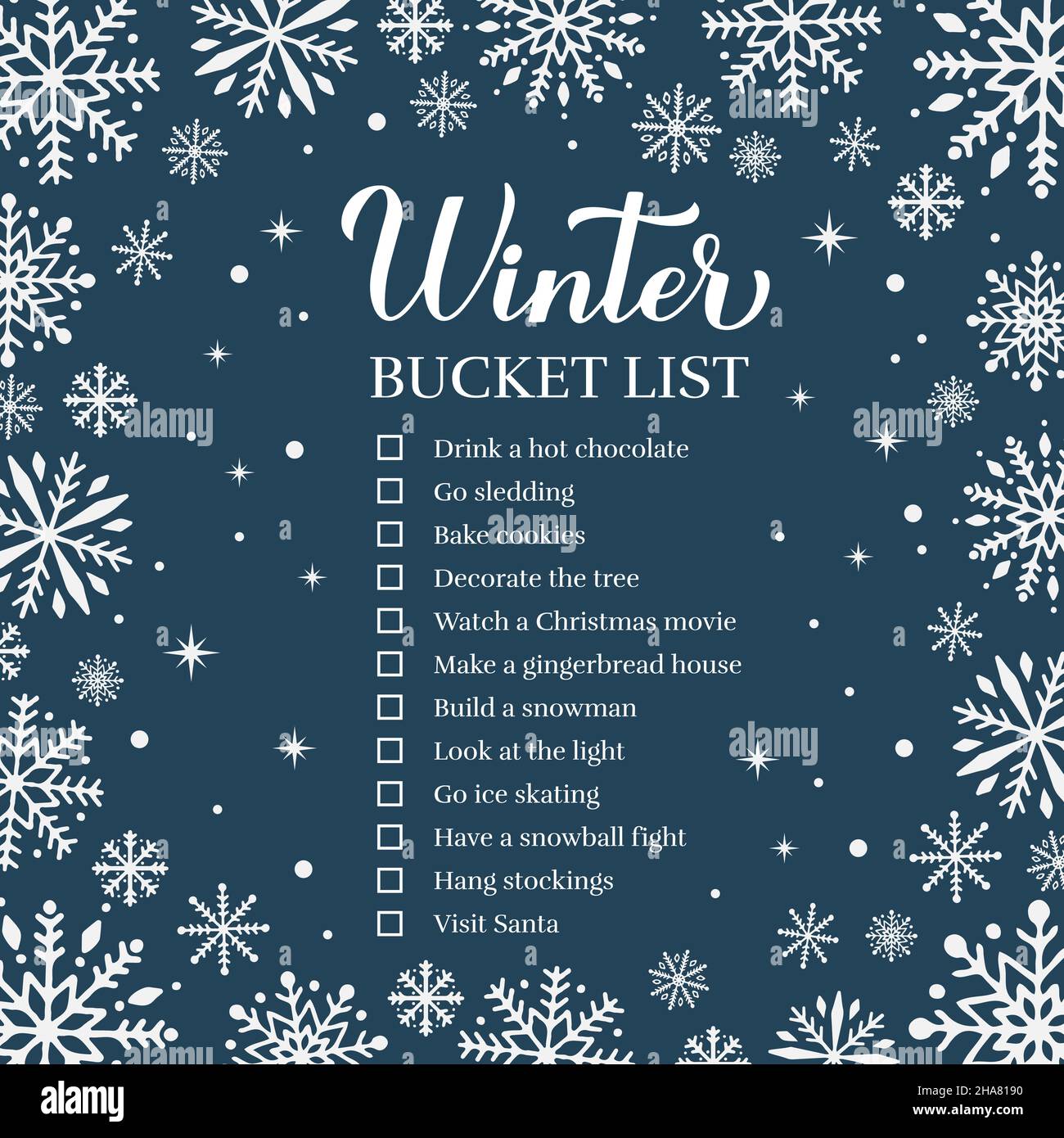 Winter bucket list. Funny things to do checklist. Seasonal activity planner. Holidays wish list. Easy to edit vector template Stock Vector
