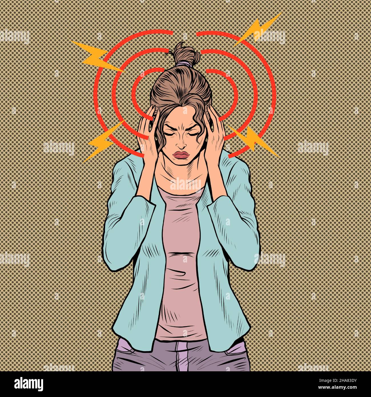 the woman is suffering headache, medical symptom migraine cancer hypertension meningitis stroke or other diseases Stock Vector