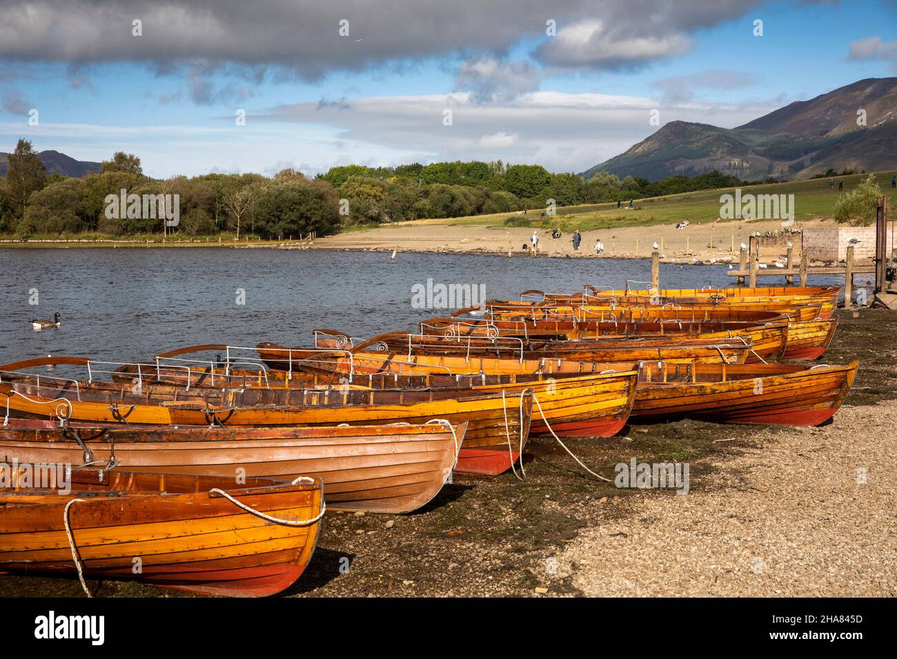 UK, Cumbria, Allerdale, Keswick, Derwentwater, rowing boats on lake shore Stock Photo