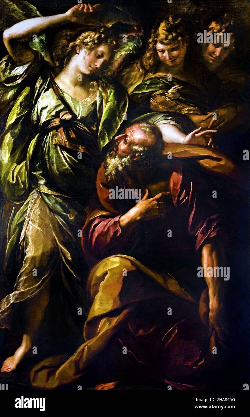 Abraham Welcomes the Three Angels 1620 by Giulio Cesare Procaccini 1574-1625,  Italy, Italian. Stock Photo