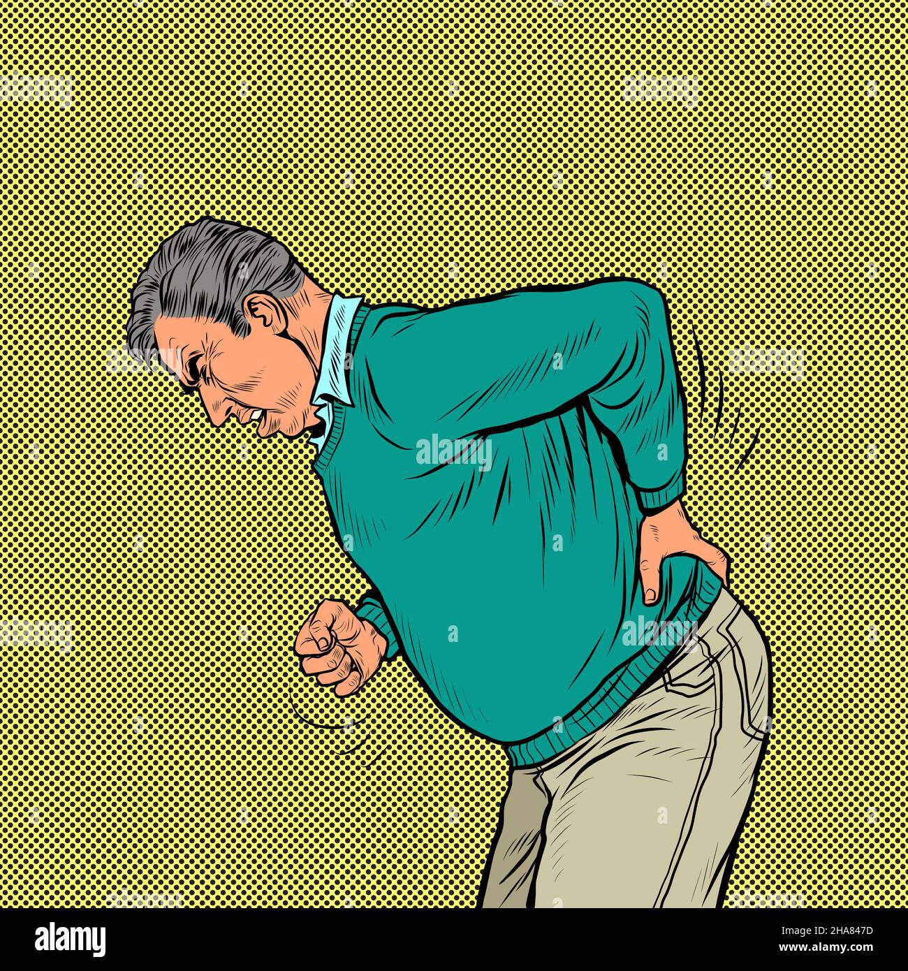 an elderly man back pain, osteochondrosis hernia sprain sciatica and other diseases of the spine and internal organs Stock Vector