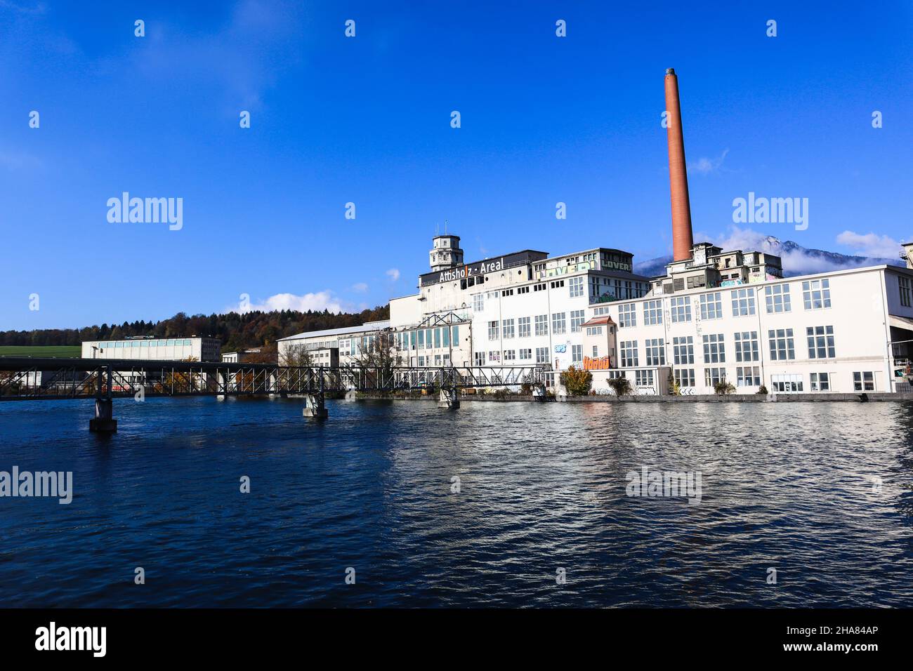 View over the Aare River to the abandoned Attisholz Industry Area in Switzerland Stock Photo