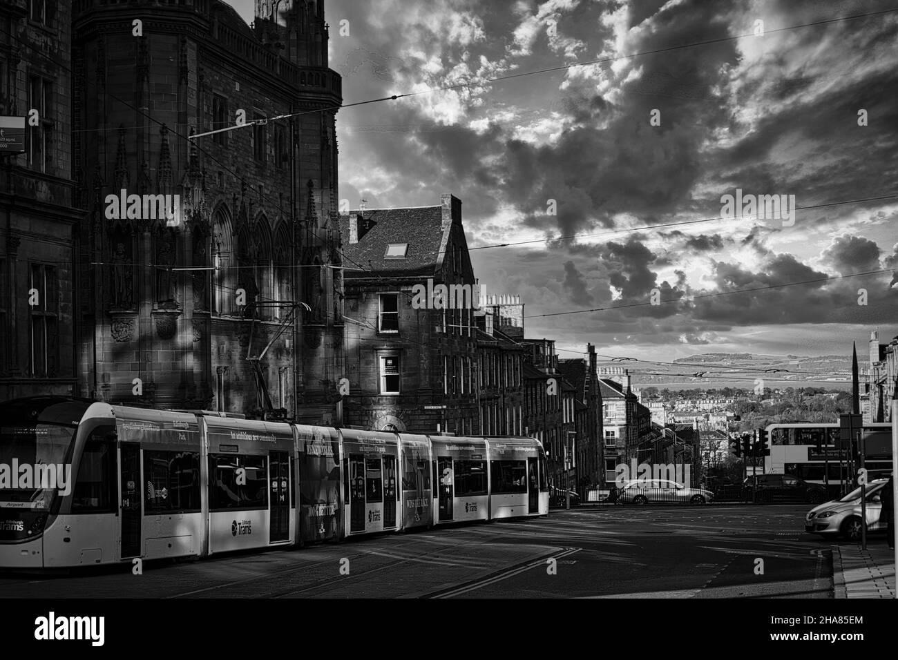 A view down Saint Andrews Street in Edinburgh in Black and white Stock Photo