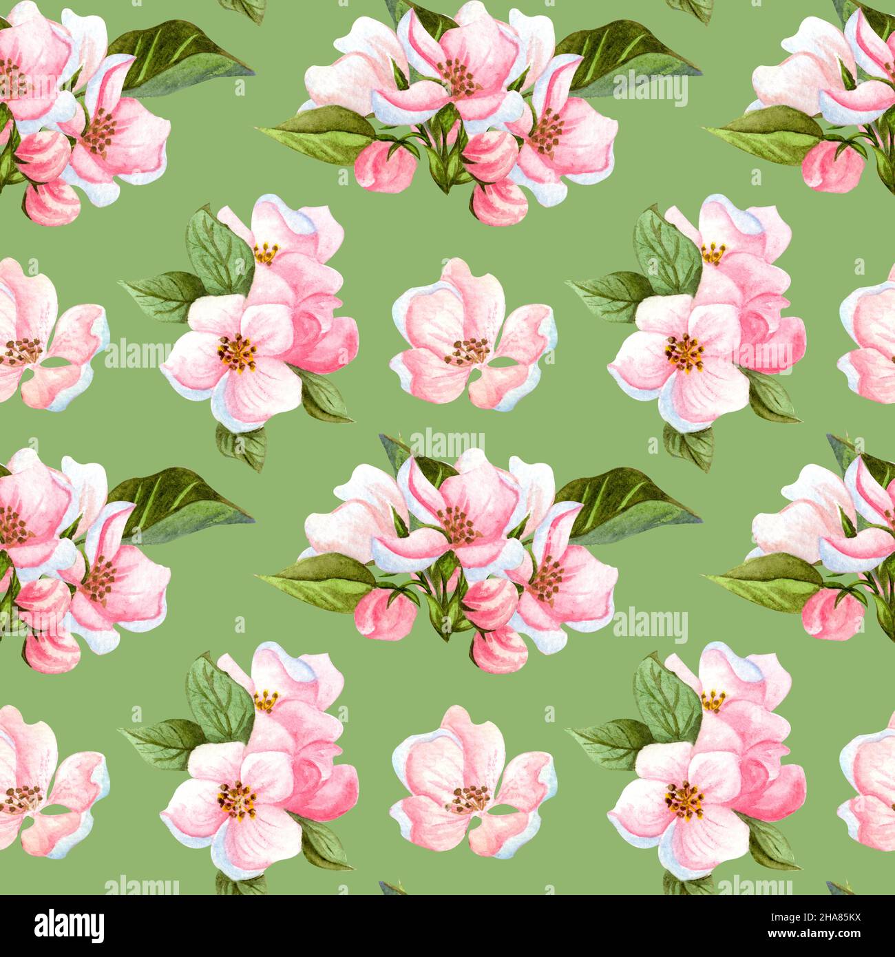 Watercolor seamless pattern of cherry flowers and leaves. Floral ...