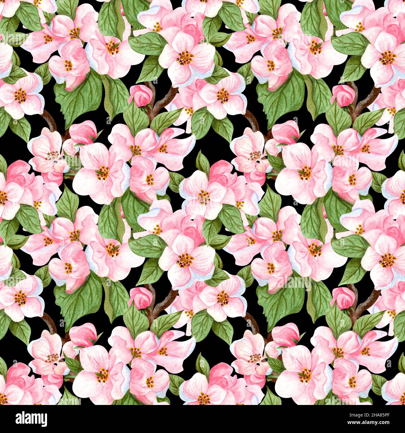 Watercolor seamless pattern of cherry flowers and leaves. Floral ...