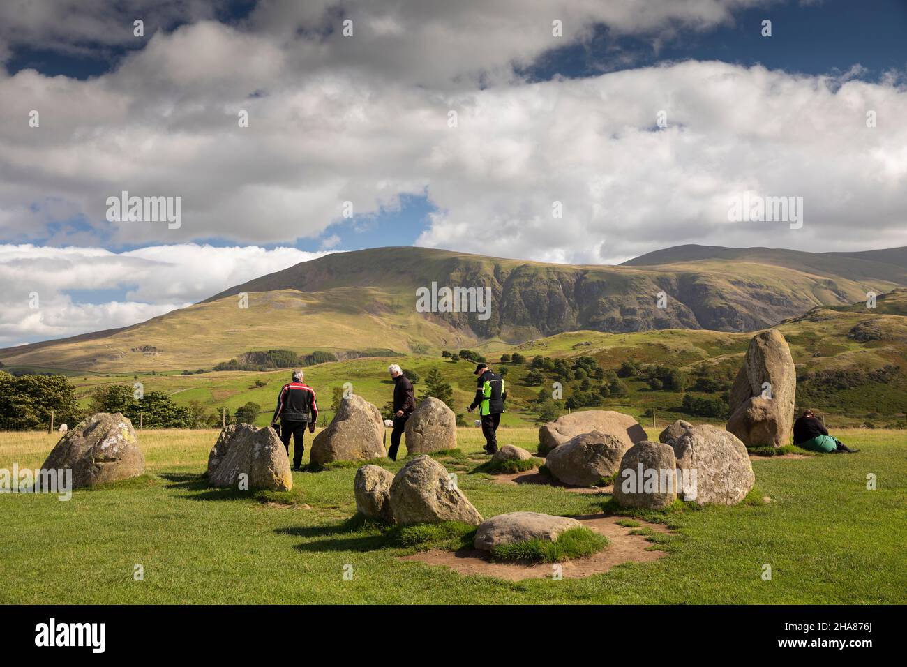 UK, Cumbria, Allerdale, Keswick, visitors in Castlerigg Stone Circle Stock Photo